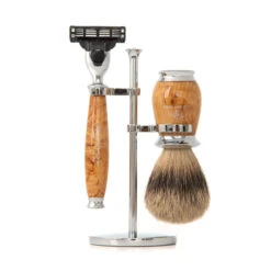 Super Badger Mach3 Shaving Set In Birch Wood